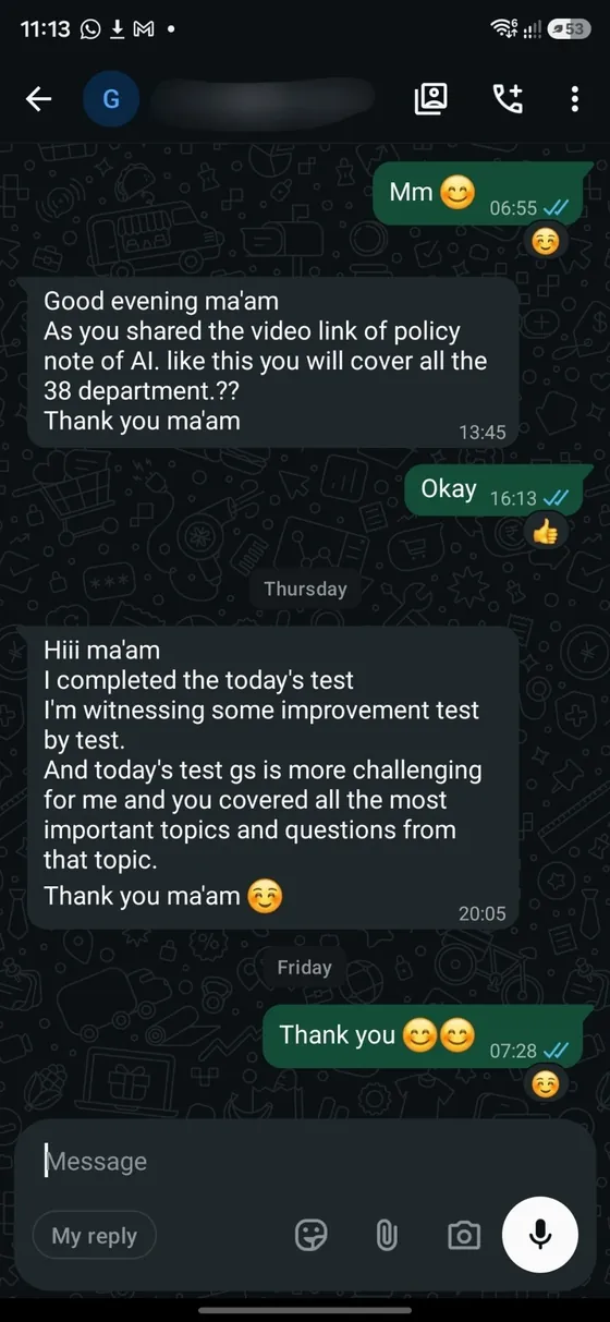 WhatsApp message from a Focus GS student: witnessing improvement test by test, covered all the most important topics and questions