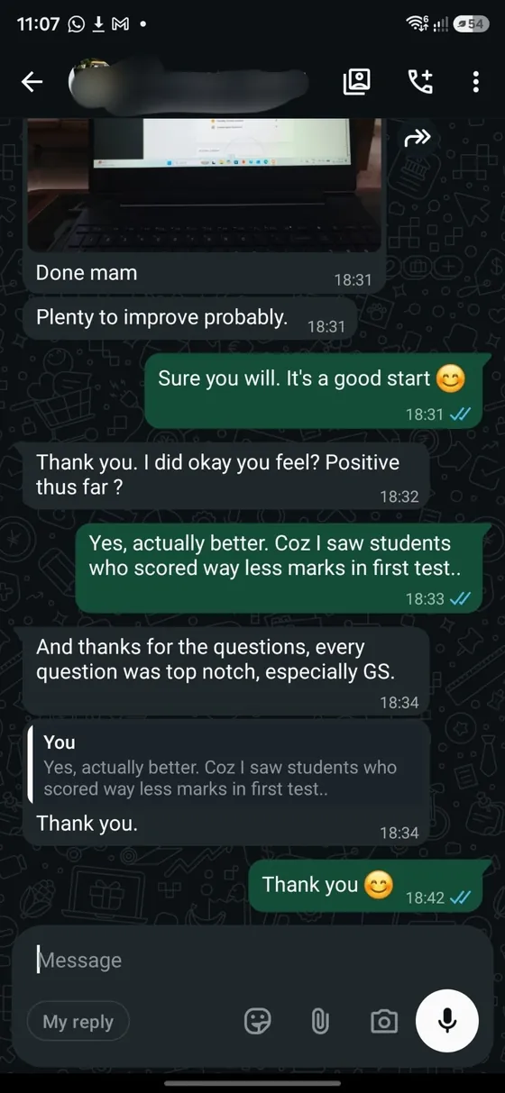 WhatsApp message from a Focus student: thanks for the questions, every question was top notch, especially GS
