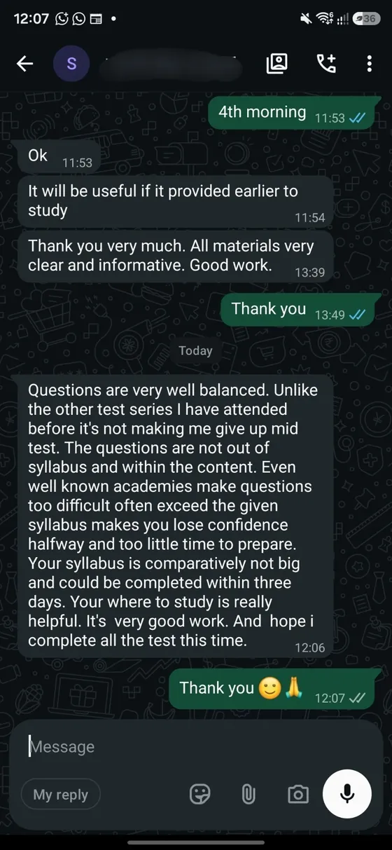 WhatsApp message from a Focus student: questions are very well balanced, not out of syllabus, where to study is really helpful, very good work