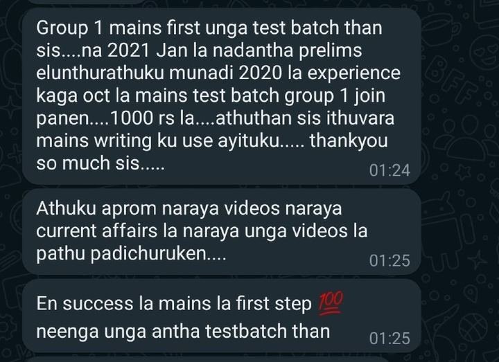 Original message from a student about Group 1 Mains test batch and videos