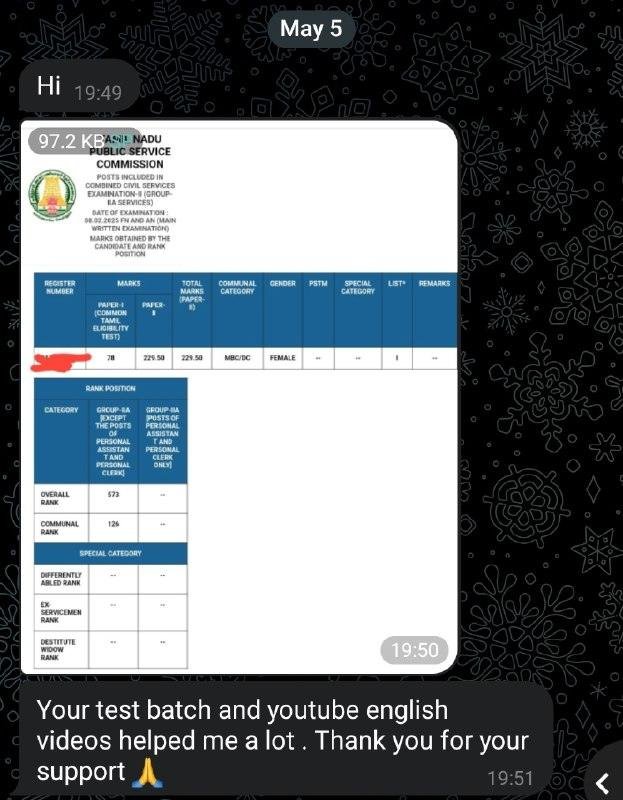 Original message from a student about Test batch and English videos